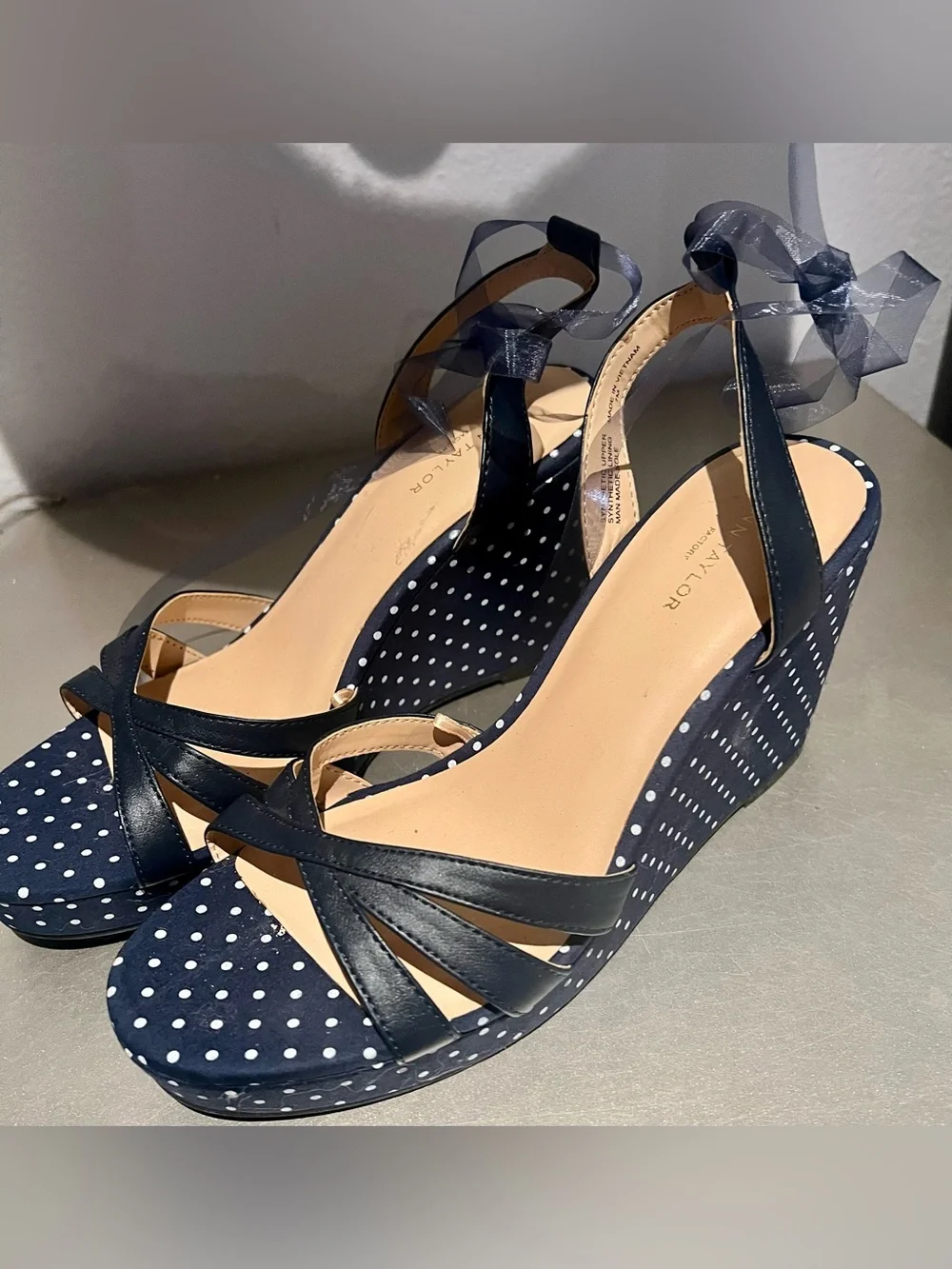 Taylor Navy Polka Dot Wedge Sandals with Clear Ankle Ties